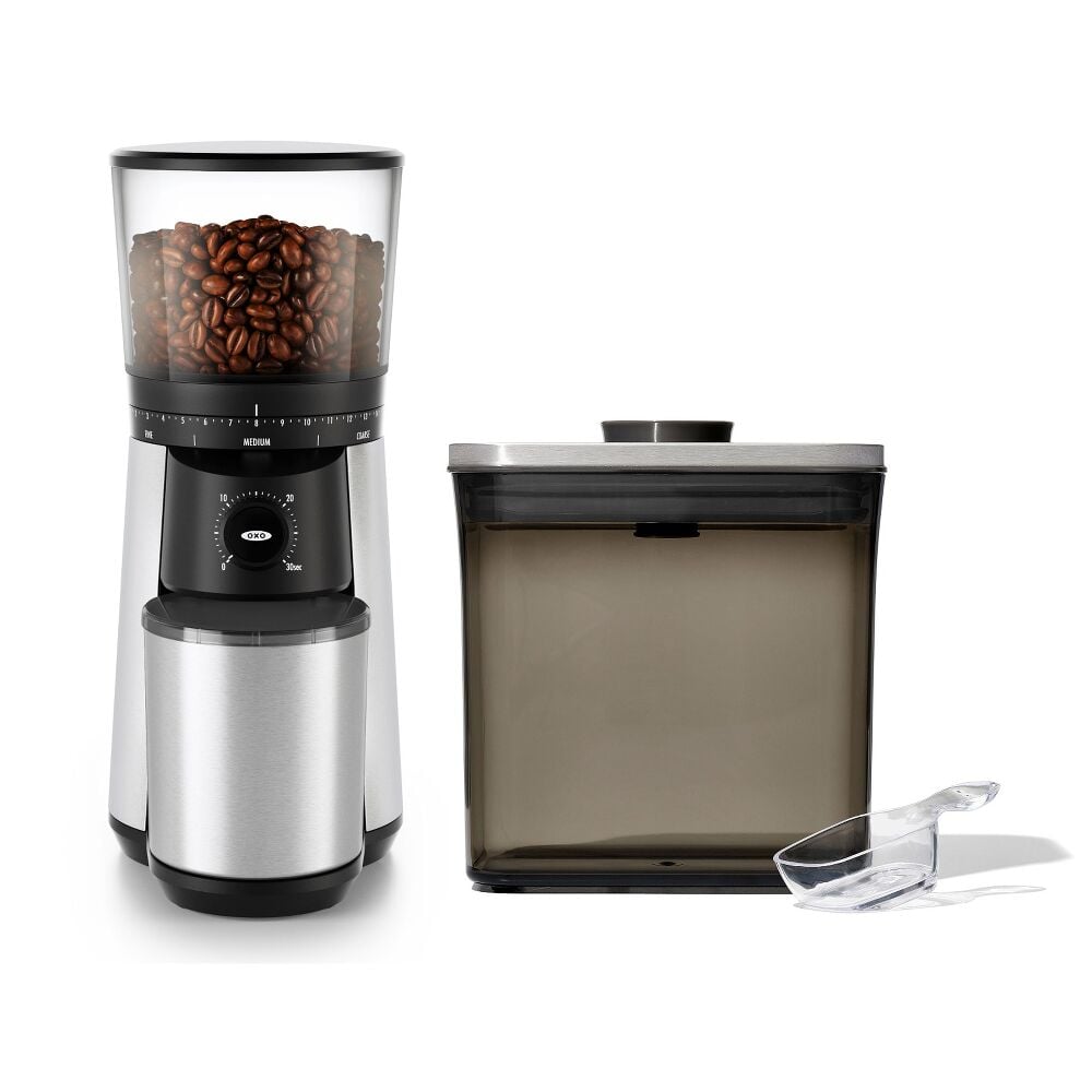 Conical Burr Coffee Grinder & Steel Coffee POP Container (1.7 Qt) with Scoop Bundle B6